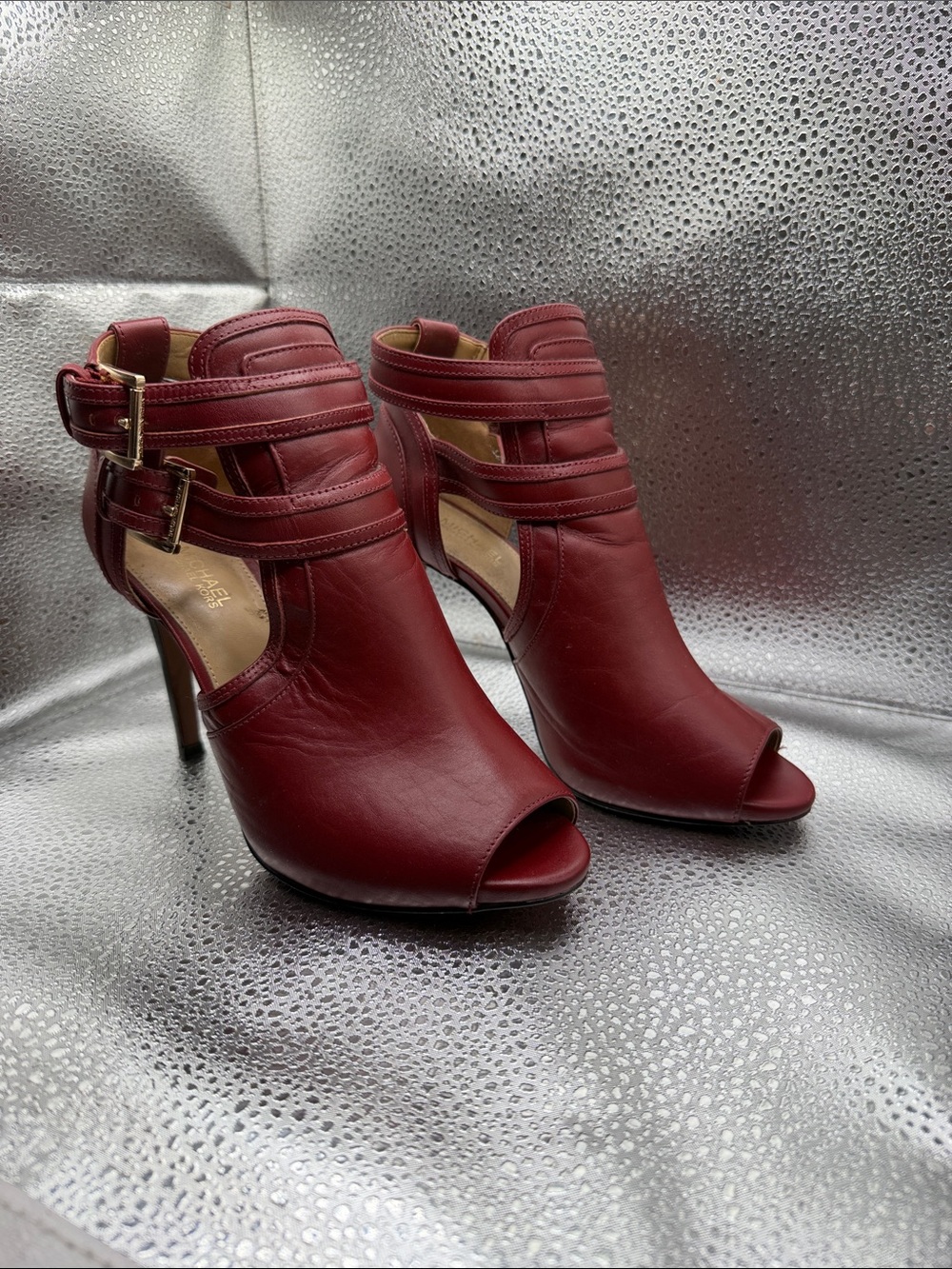 Michael Kors Blaze Burgundy Peep-Toe Strappy High-Heel Booties